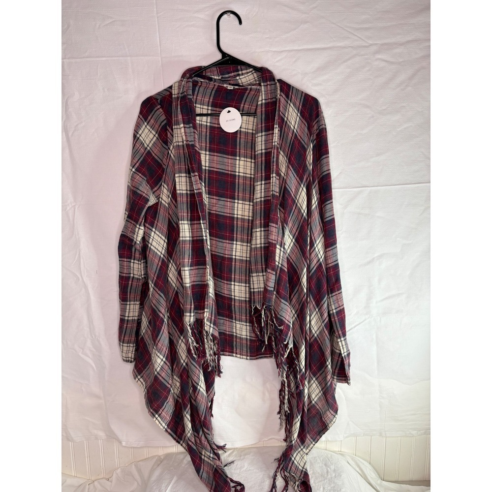 NWT EN CRÈME Plaid Fringe Cardigan Waterfall Front Red Navy Cream Size S